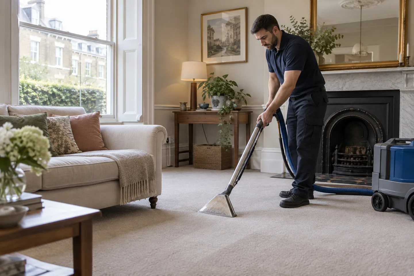 Cleaner working on a carpet in a Fulham living room
