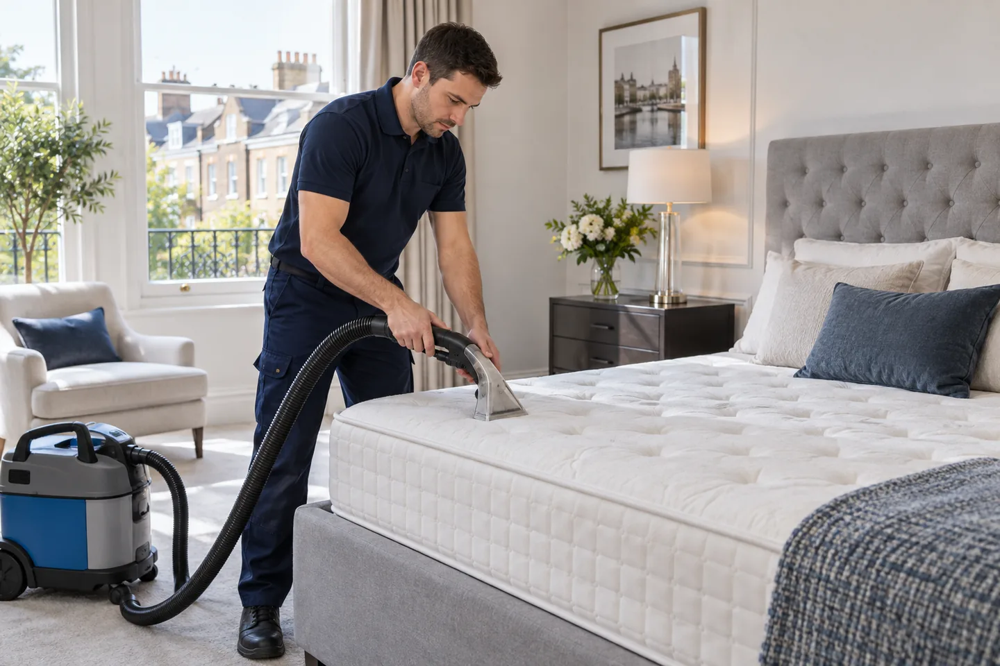 Cleaner assessing a mattress in a Fulham bedroom