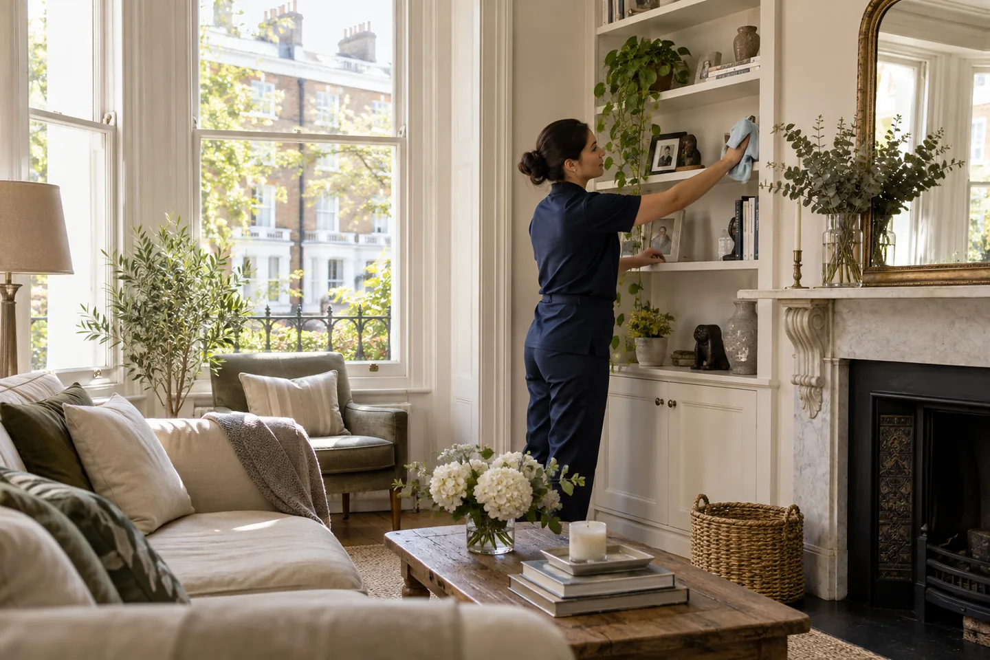 Cleaner attending to a Fulham living room before guests