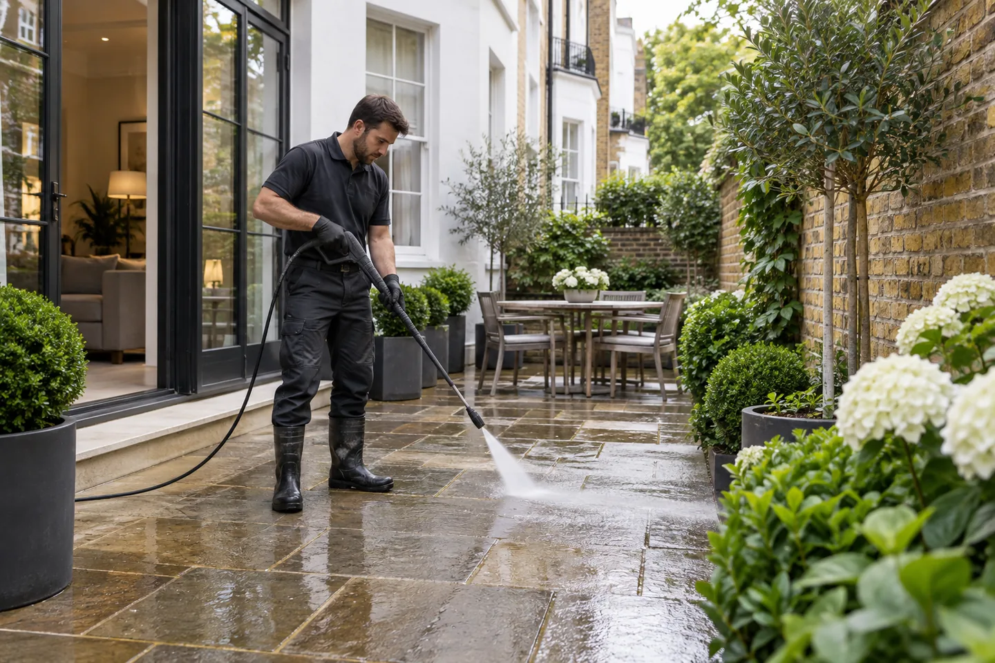 Cleaner working on a London courtyard patio