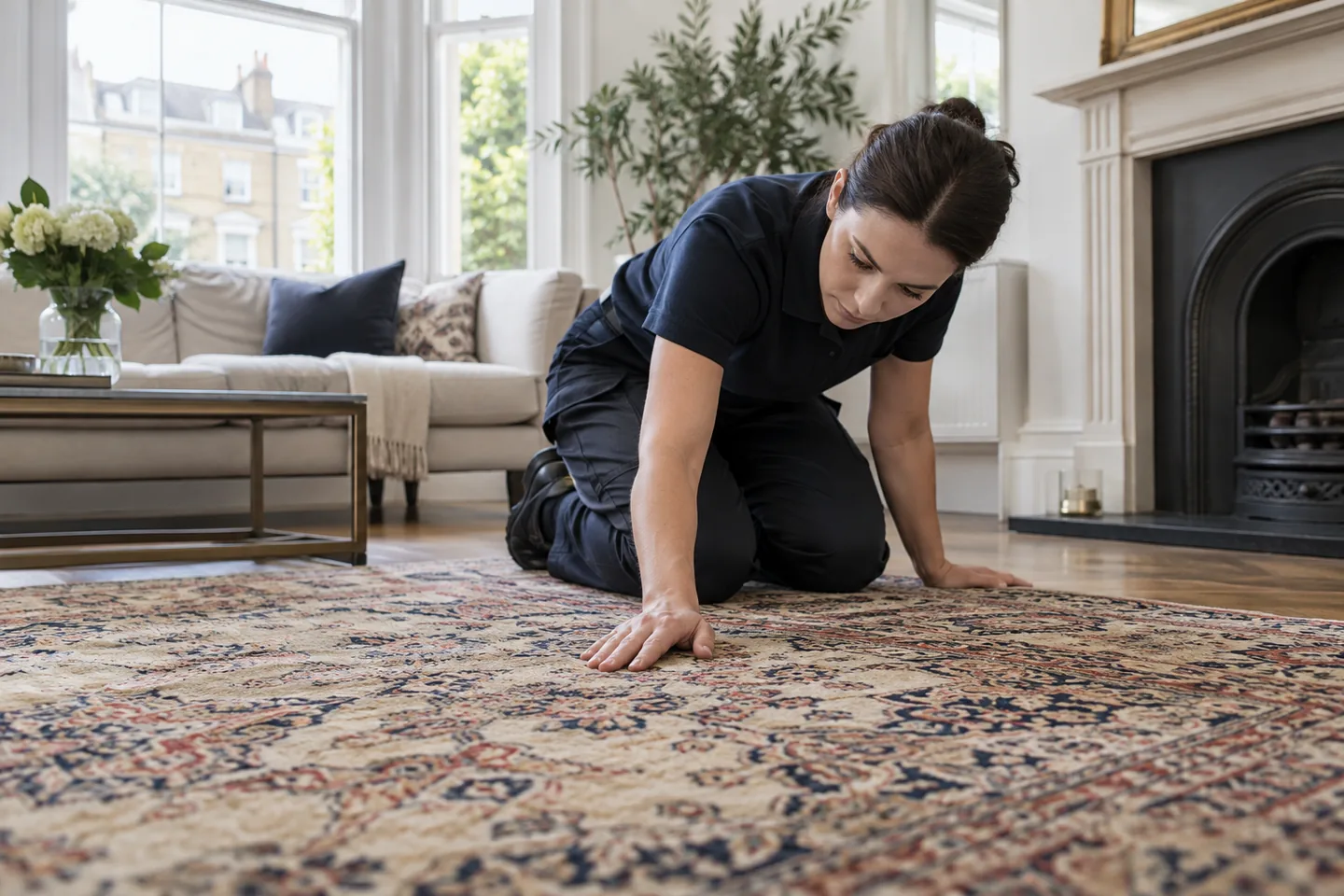 Cleaner assessing a patterned rug in a Fulham home