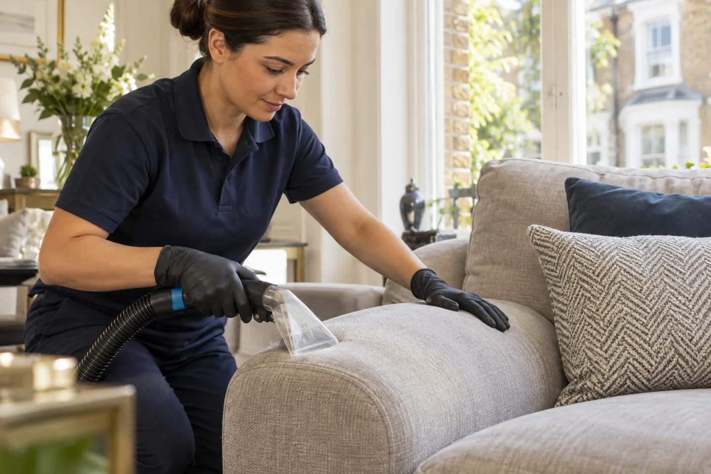 Close assessment of sofa fabric and a marked seat