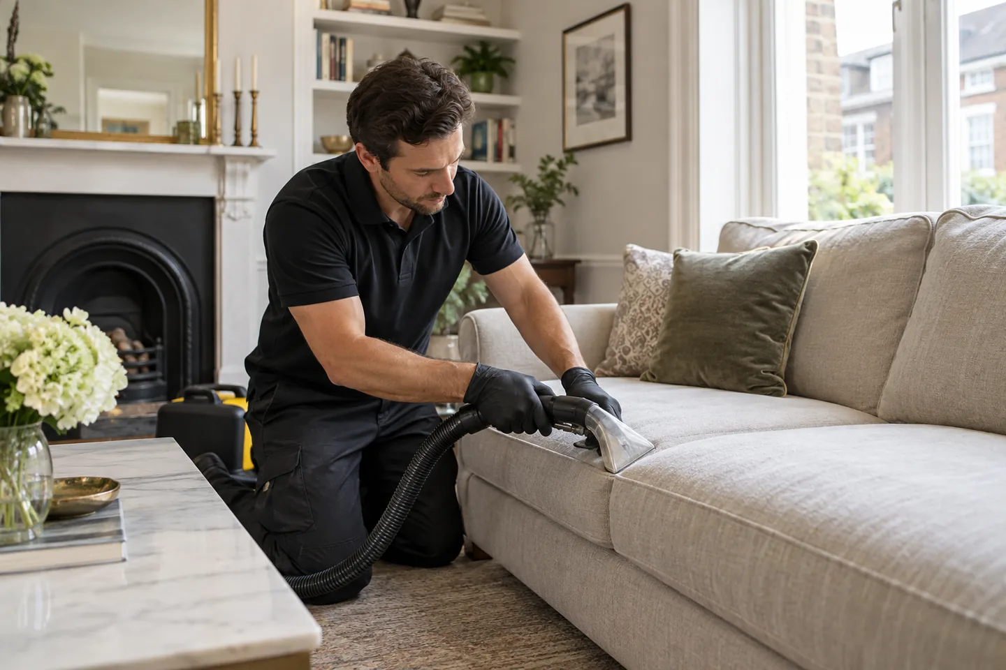 Cleaner attending to fabric upholstery in a Fulham home